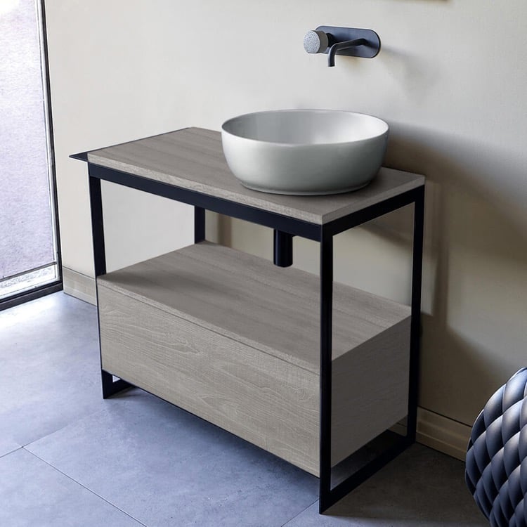 Scarabeo 1807-SOL3-88-No Hole Console Sink Vanity With Ceramic Vessel Sink and Grey Oak Drawer